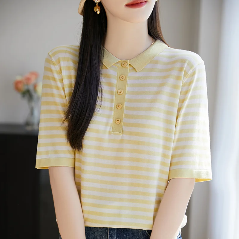 T-shirt col POLO femme été nouveau 100% Laisai pull tricoté à manches courtes chemise rayée décontractée pull femme haut ample