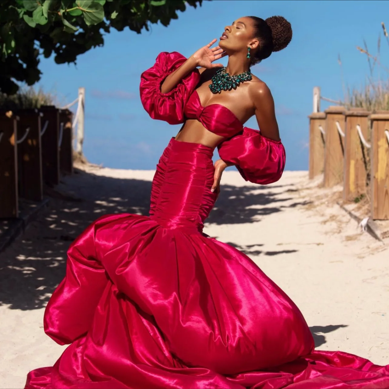 

Fuchsia Satin Mermaid‑Style High‑Waist Skirt Ruched Bodice Voluminous Flared Train, Party Evening Wear, Satin Skirt Flared Train