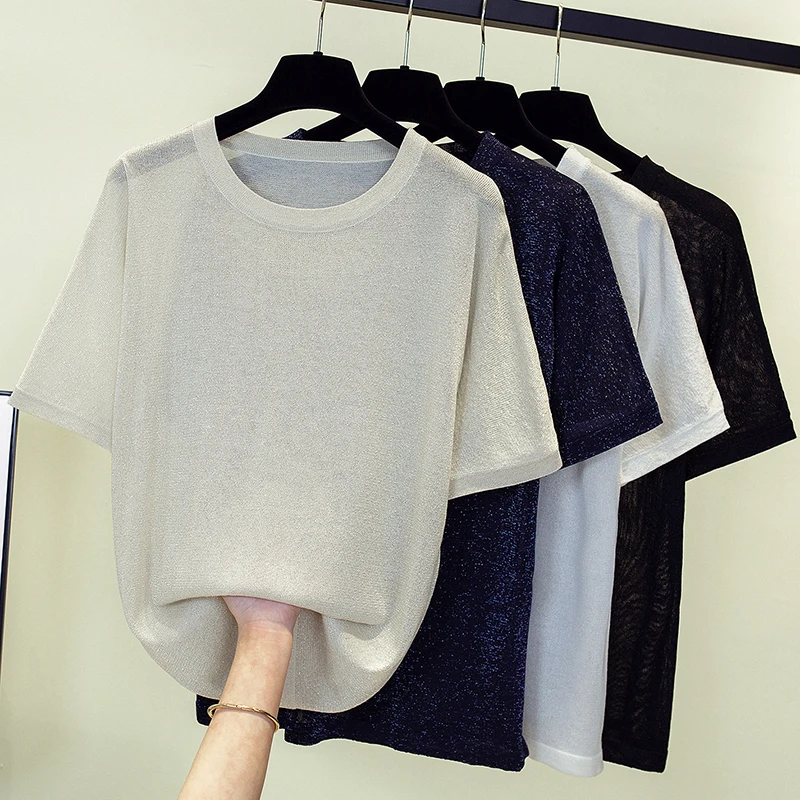 Shiny Lurex Summer Sweater Women Short Sleeve Pullover Women Basic Sweaters O-Neck 2023 Korean Style Knit Thin Tops Femme Korea