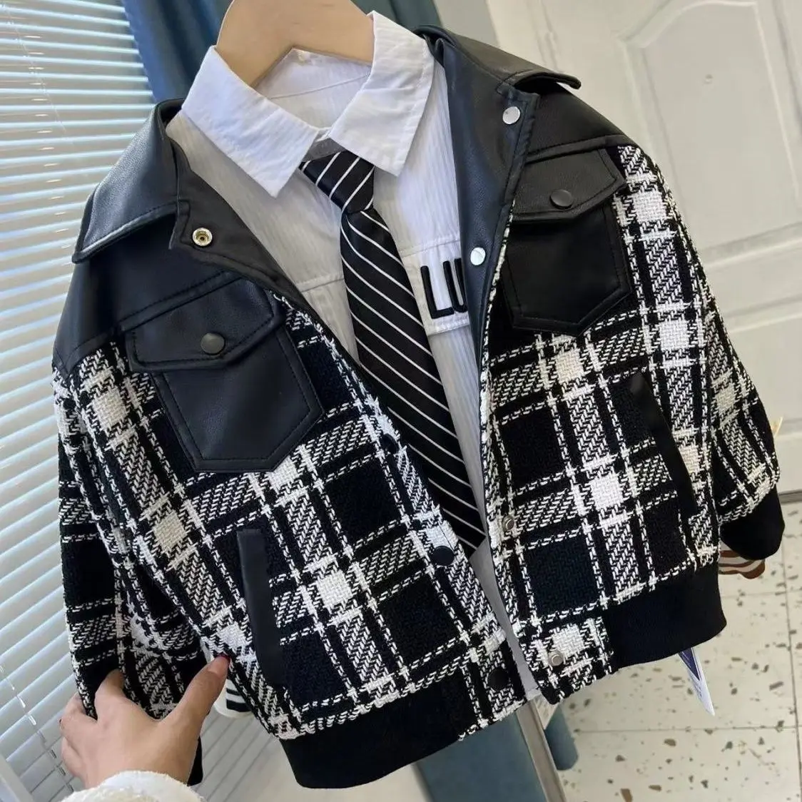 Spring and Autumn Children's Coat Fashion Boys and Girls Leisure Versatile Korean Edition Foreign Style Spliced Coat Woolen Coat