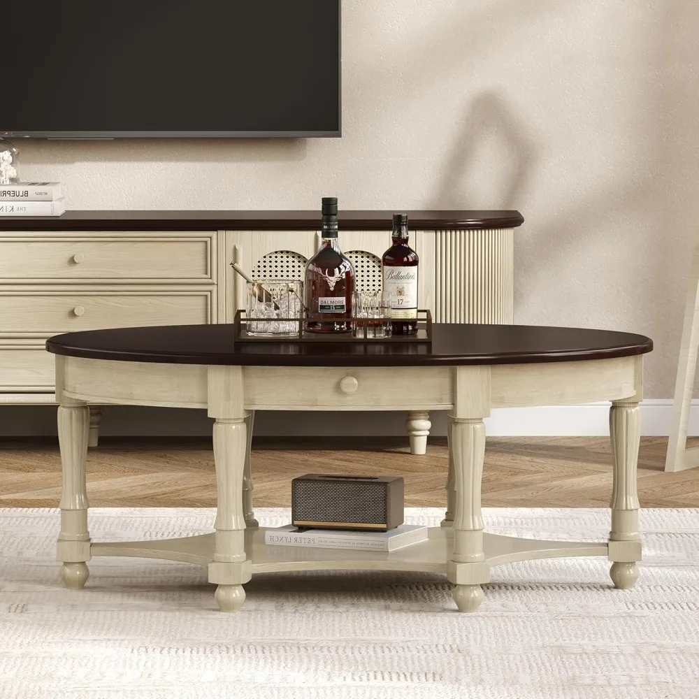 

Vintage Oval Coffee Table with Drawer and Storage Shelf, Antique Cocktail Table in 45, French Country Accent Table for Living Ro