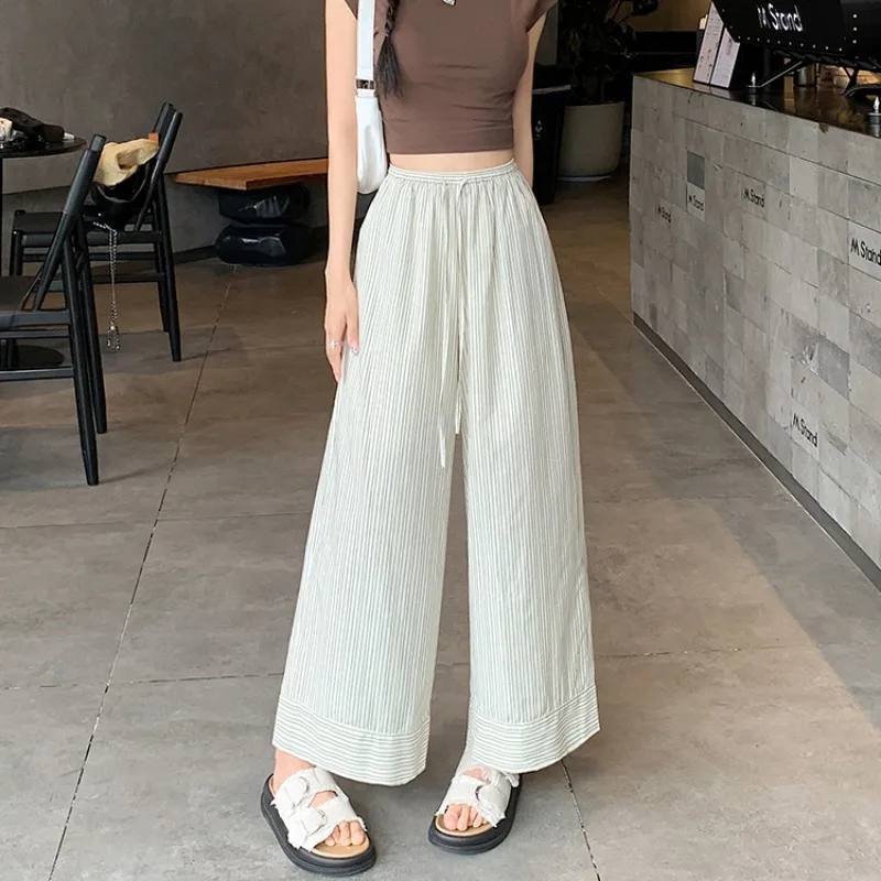 New Stripe Pantalones Mujer Lace-up High Waist Wide Leg Pants Women 2025 Straight Ropa Japan Style Loose Casual Roupas