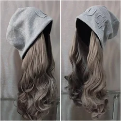 Brown Wig with Gray Hat Long Wavy Hair 26inch Curly Wig Synthetic for Winter Headband Wig for Women High Quality Natural 가발