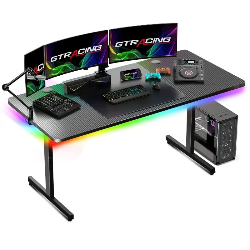 

55-дюймовый большой прочный игровой стол RGB с ковриком для мыши Т-образный офисный стул Компьютерный стол Просторий рабочий стол с поверхностью, черный