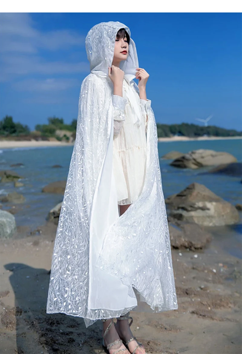 White Shawl Cloak Hooded Holiday Loose Lace Cape Outer Wear Women coatwedding cloak