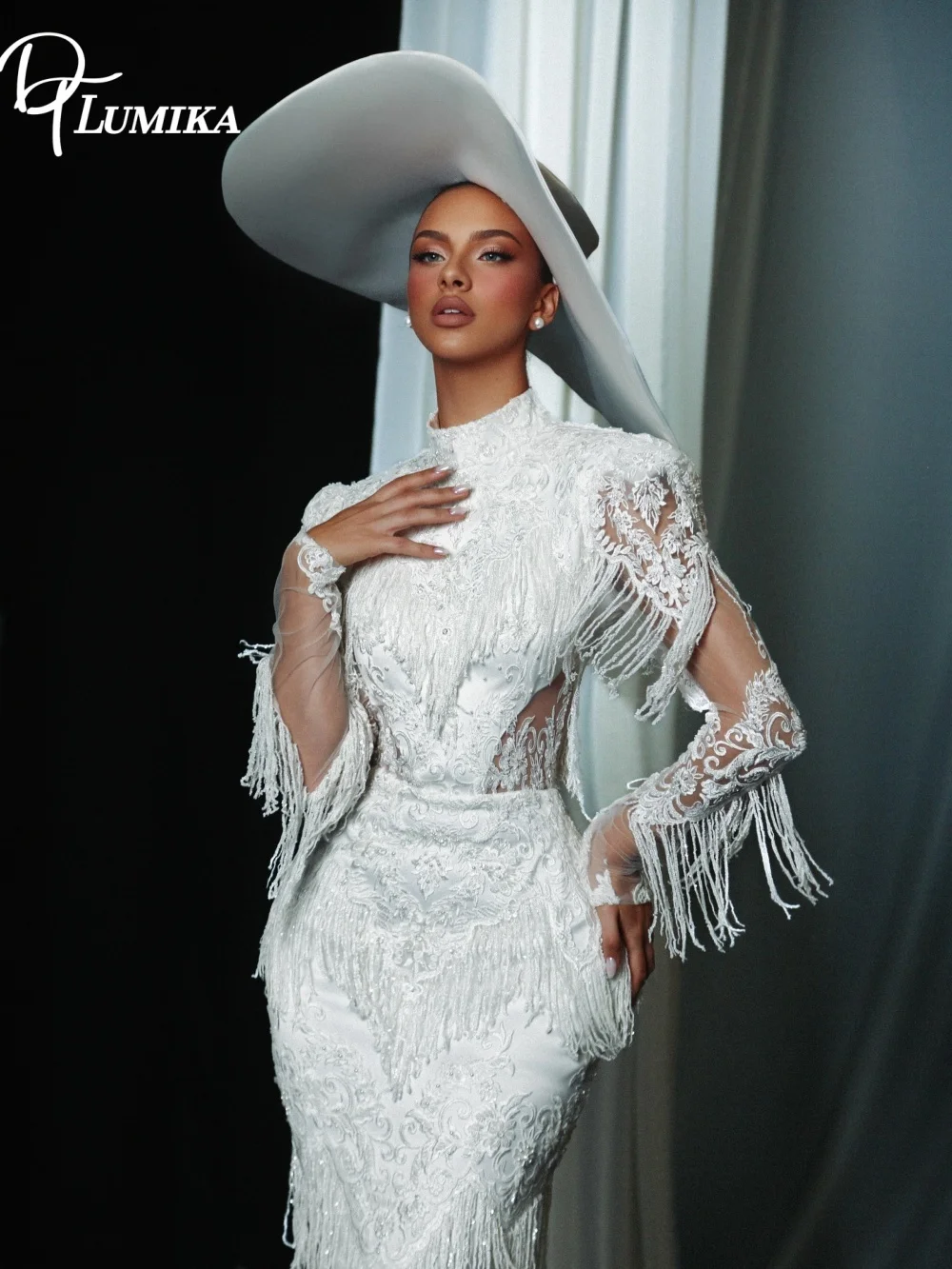 DTLumika Dramatic High Neck Tassel Fringe Lace Wedding Dress 2027 Long Sleeves Fitted Bridal Gown Vestidos De Novia Customized