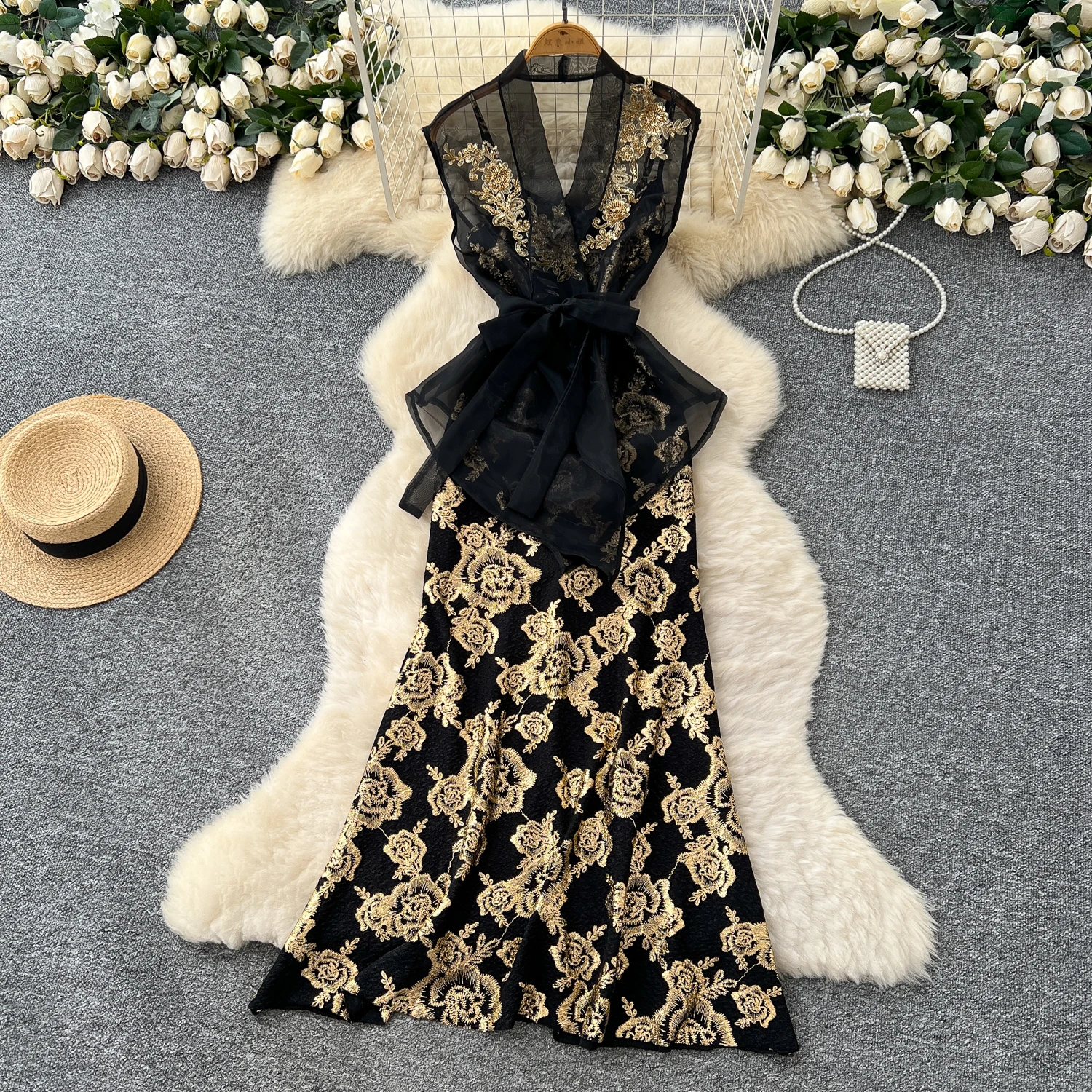 Abito elegante a tubino in rete jacquard vintage Elegante fata moda coreana Boho Prendisole abbigliamento donna Abito lungo