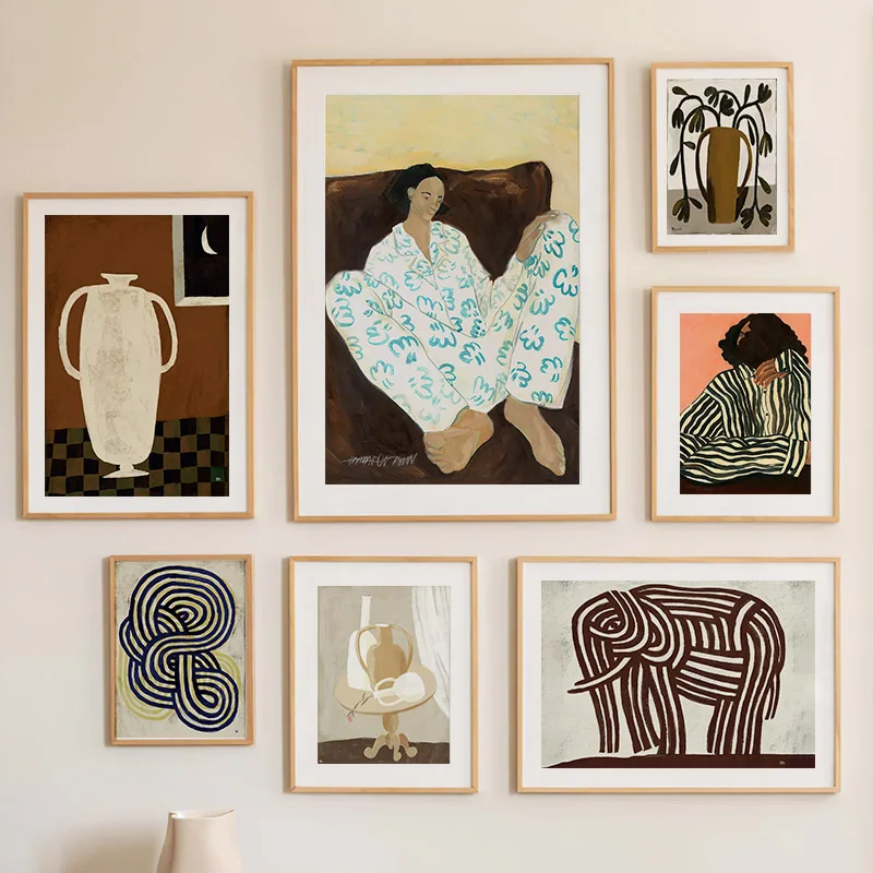 Abstract Pajama Woman Posters Geometric Lines Vase Canvas Painting Vintage Wall Art Mural Print Pictures Living Room Home Decor