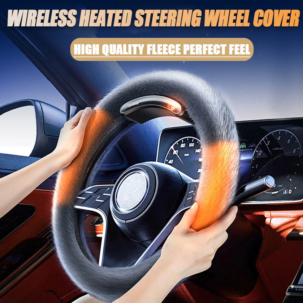 Graphene Wireless Heated Steering Wheel Cover Universal Winter Leather Suede Hand Sewn Plush for Tesla Car Decoration Accessorie