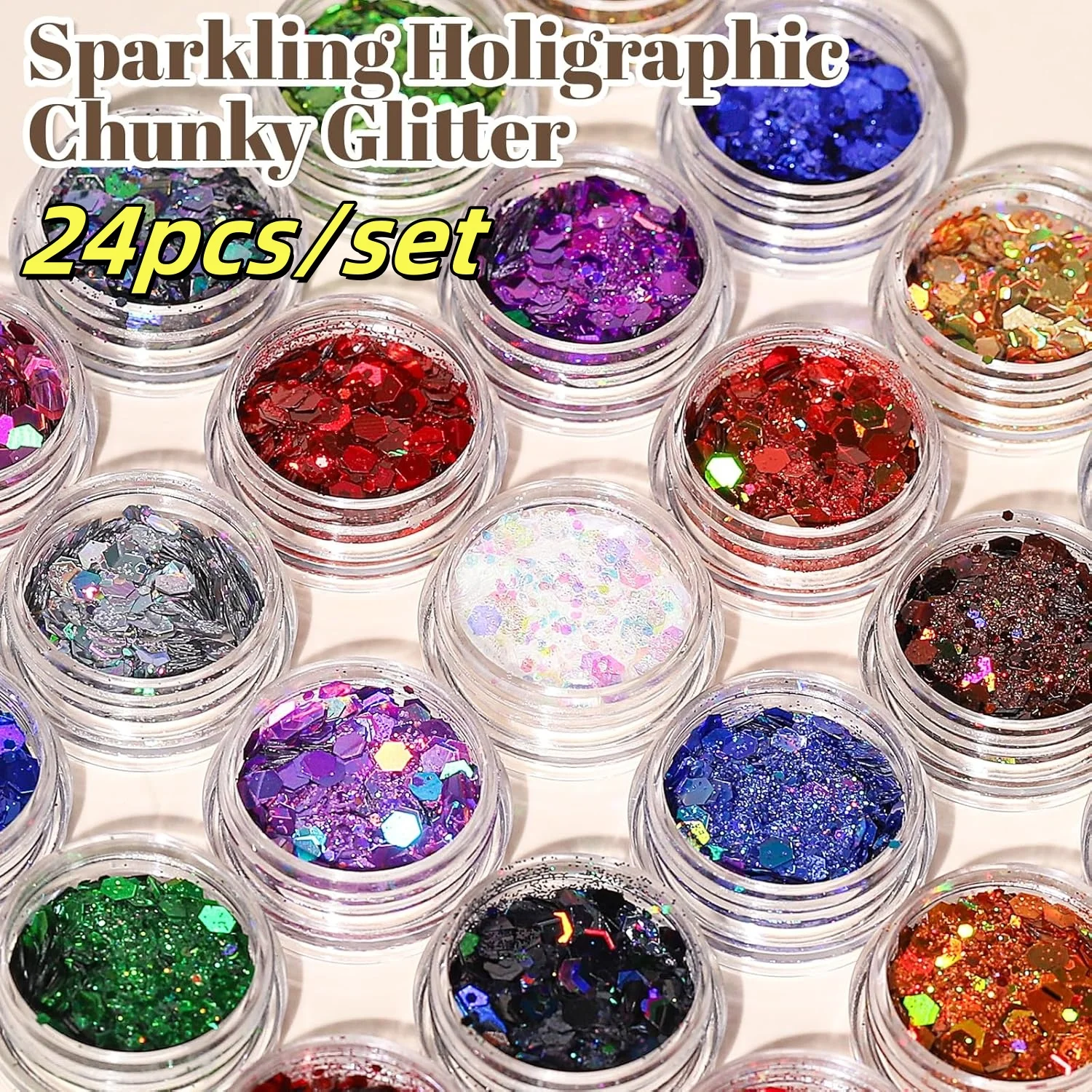 

24Jars/Set Hexagon Colorful Sparkly Nail Flakes Sequins Iridescent Holographic Nail Art Powder Chunky & Fine Glitter Mix Manicur
