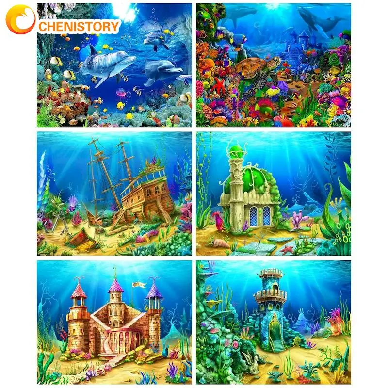 CHENISTORY DIY Oil Painting Sea World On Canvas Frame Acrylic Painting By Numbers Landscape Handpainted Wall Decor Gift