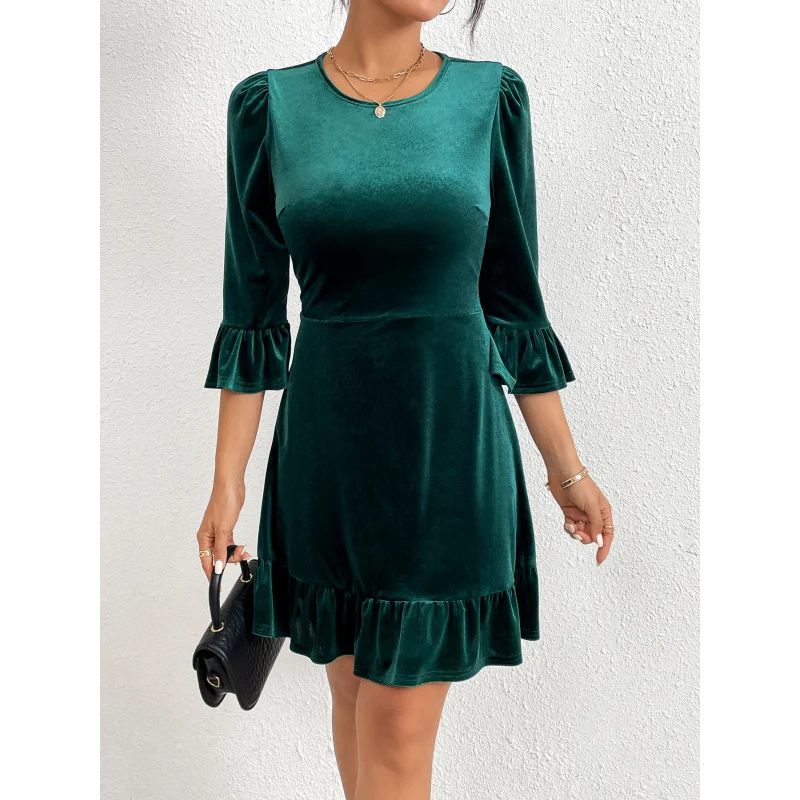 

YQ1-Women's Autumn and Winter New Round Neck Slim Fit Ruffled Short Dress Elegant Velvet Dress