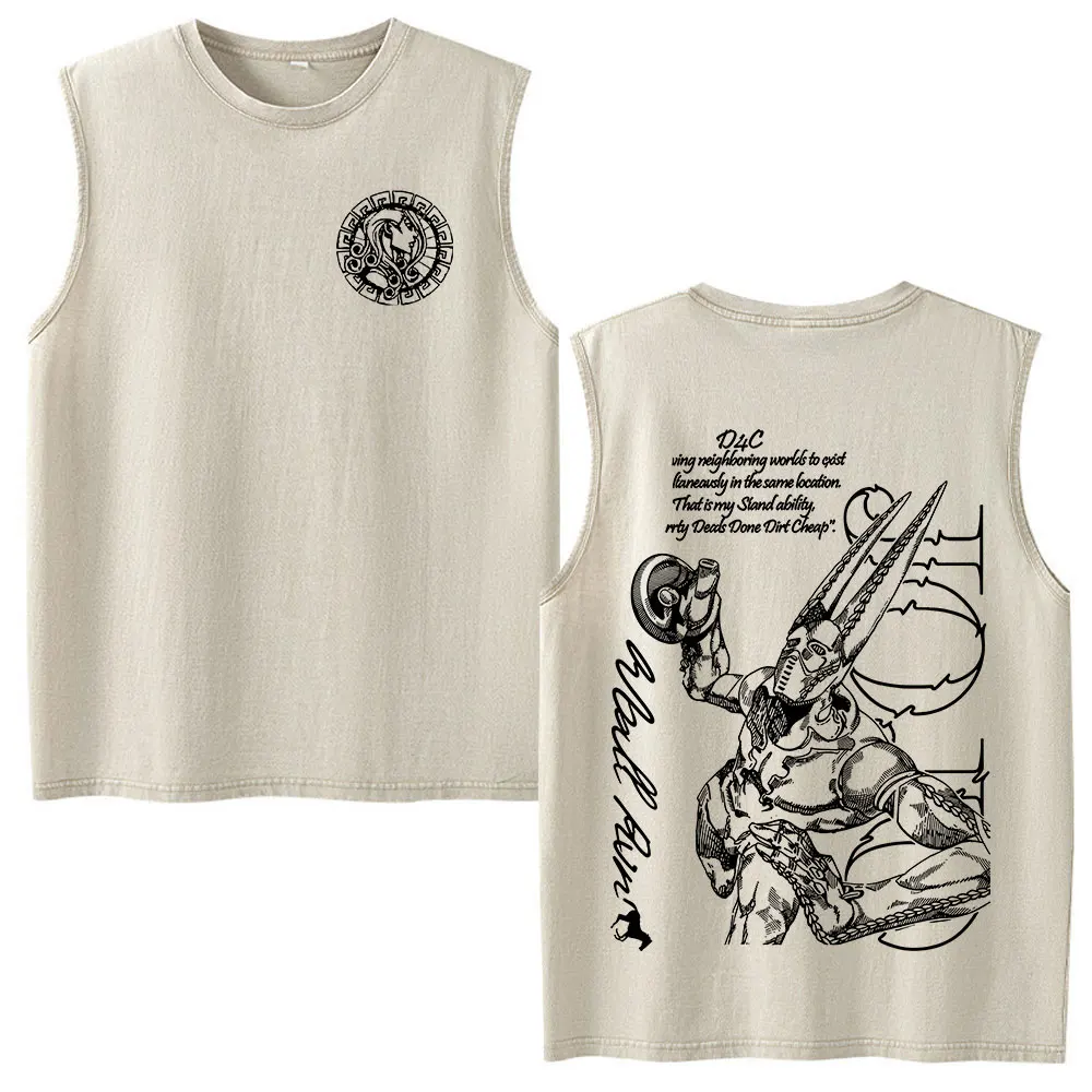 Anime JoJo Bizarre Adventure Kujo Jotaro Vintage Washed Tank Tops Men Women Clothing Cotton Sleeveless Vest T-shirts Streetwear view 6