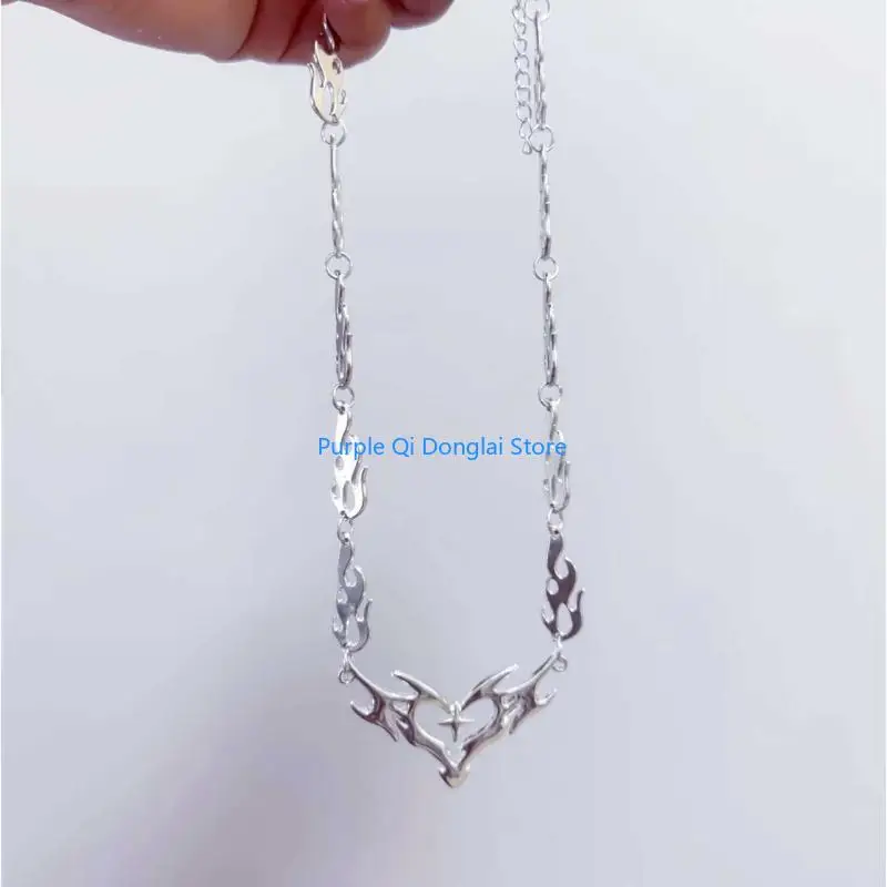 L21E Rebellious Hollow Heart Necklace Featuring Thorn Flame For Edgy Wear Daily Use Music Event Stainless Steel Neckchain