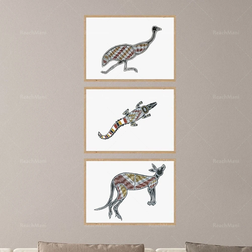 Aboriginal Animal Painting Poster - Australian Aboriginal Tribe Wall Art Fantasy Animal Prints - Kangaroo, Emu, Crocodile