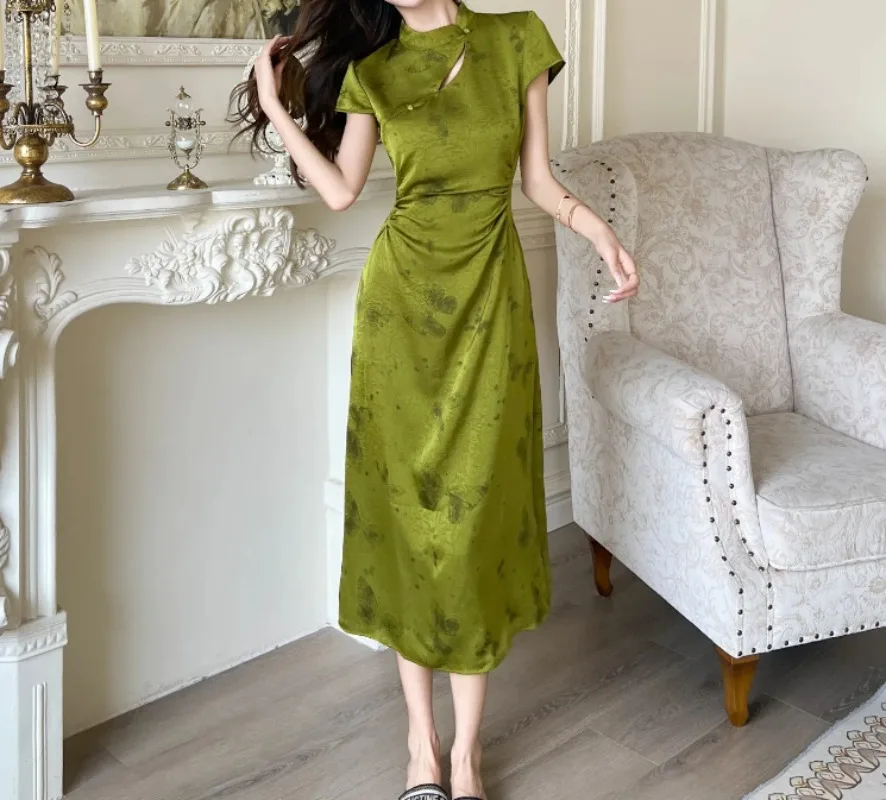 2025 New Retro Green Silk Satin Butterfly Print Qipao Women's Dress Street Temperament Ankle Length Chinese Style Summer Dresses