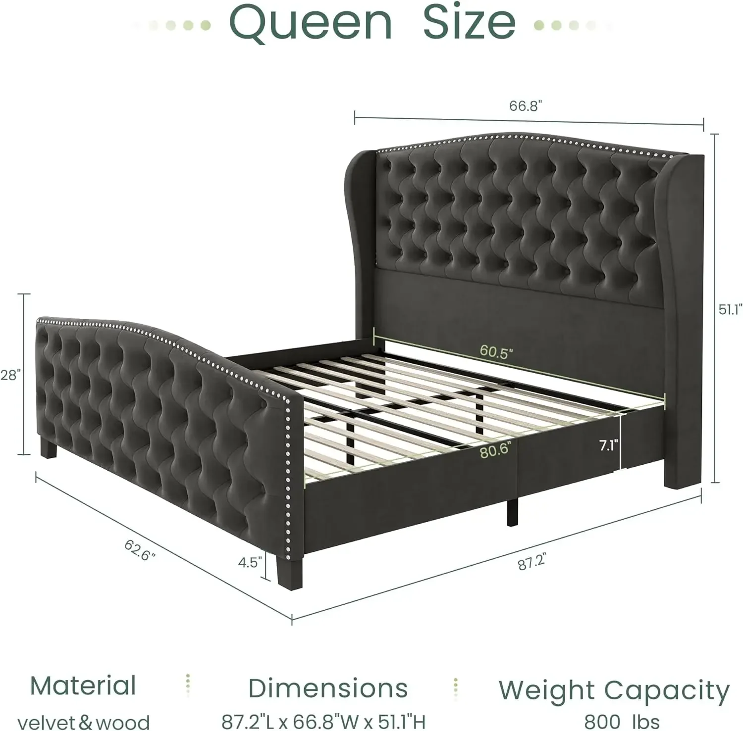 Bed Frame Velvet Platform Bed w/ Wingback Headboard & Footbaord Upholstered Beds Deep Button Tufted Frame w/ Wood Slats Support