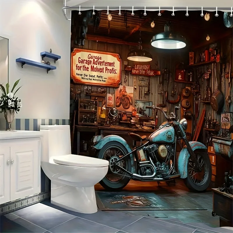 1pc Retro Motorcycle Garage Scene Shower Curtain - Retro Workshop Design, Blue Bicycle Tool, Multiple Size Options, Includes 12
