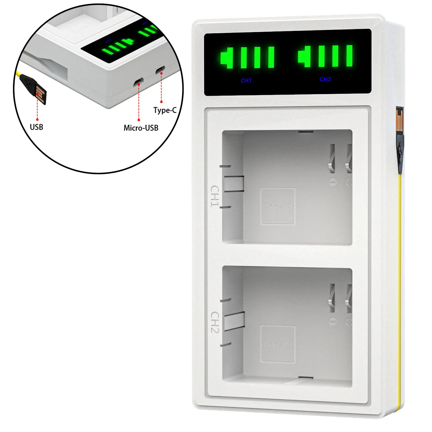 

Pickle Power LED USB Dual Charger with Built-in Cable For Arlo A4 Arlo pro 3 / Arlo pro 4 Camera Battery