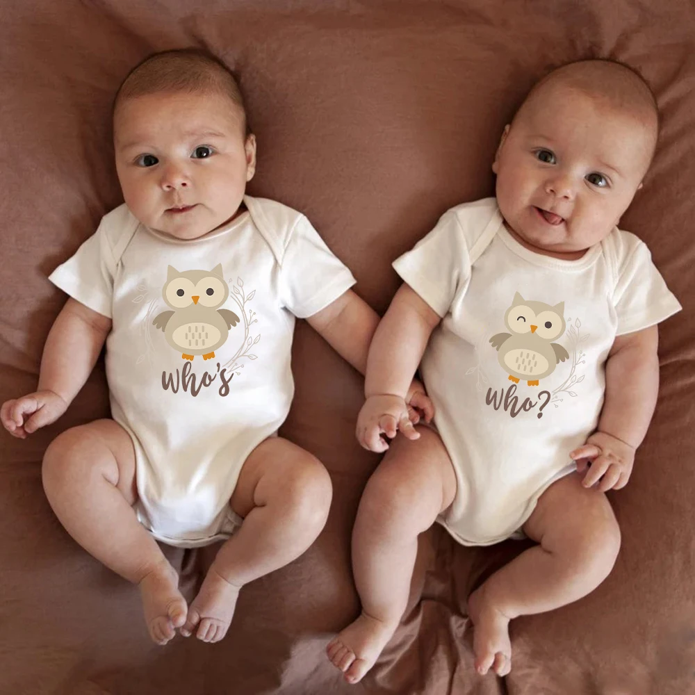 Who's Who Cute Funny Twin Baby Boys Girls Clothes Cartoon Owl Print Cotton Summer Newborn Onesies Pajamas Casual Toddler Outfits