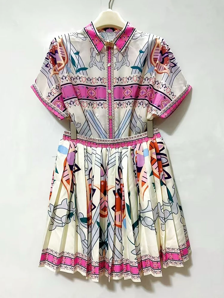 

Летняя женская одежда, свободная рубашка с короткими рукавами и лацканами в стиле ретро с геометрическим принтом, комплект из двух предметов + плиссированная юбка, модный комплект