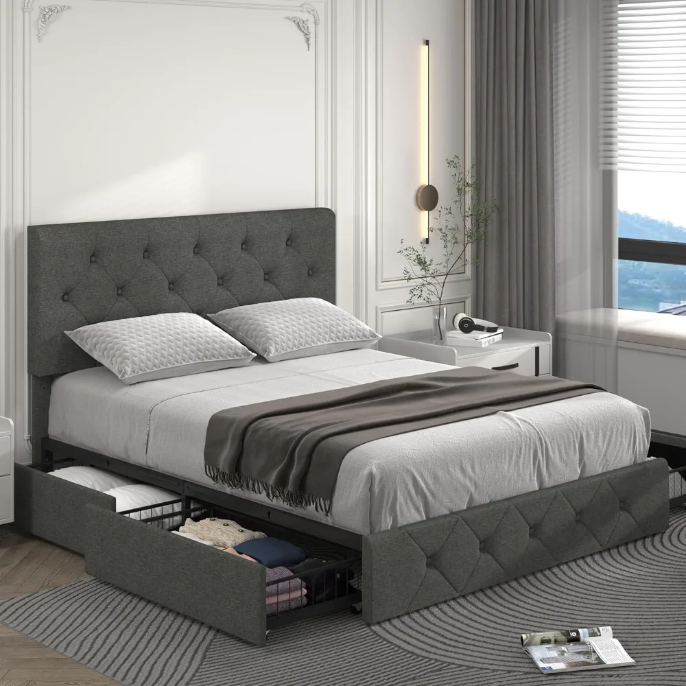 

Queen Size Bed Frame Platform with 4 Storage Drawers, Adjustable Tufted Button, No Need for A Box Spring, Bed Frame