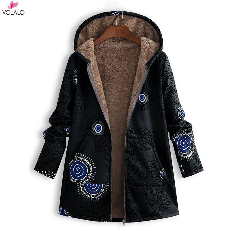 

VOLALO Floral Hooded Women Vintage Jacket Outwear Warm Overcoat Vintage Floral Print Long Sleeve Outwear Winter Jackets Coats