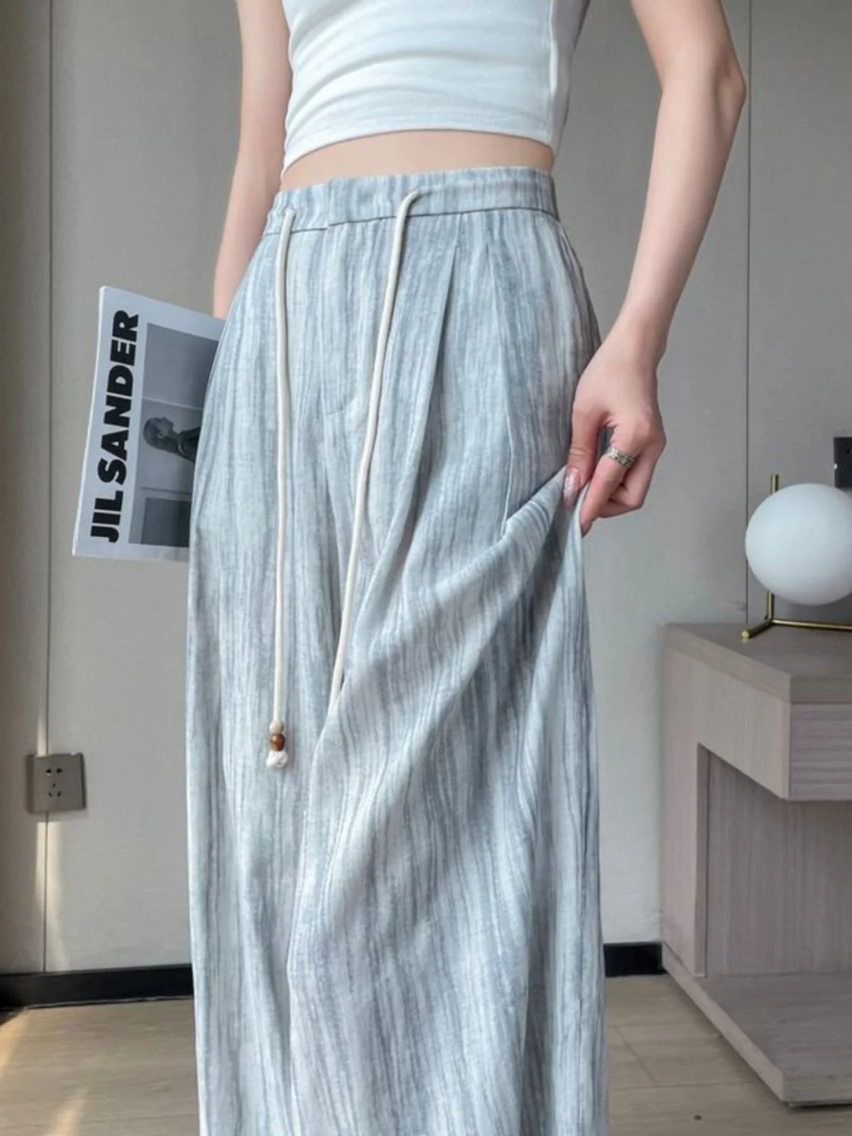 Retro Hong Kong Style High Waist Drawstring Wide Leg Pants Women's Spring 2026 Autumn Winter Fashionable All-Match Straight L...