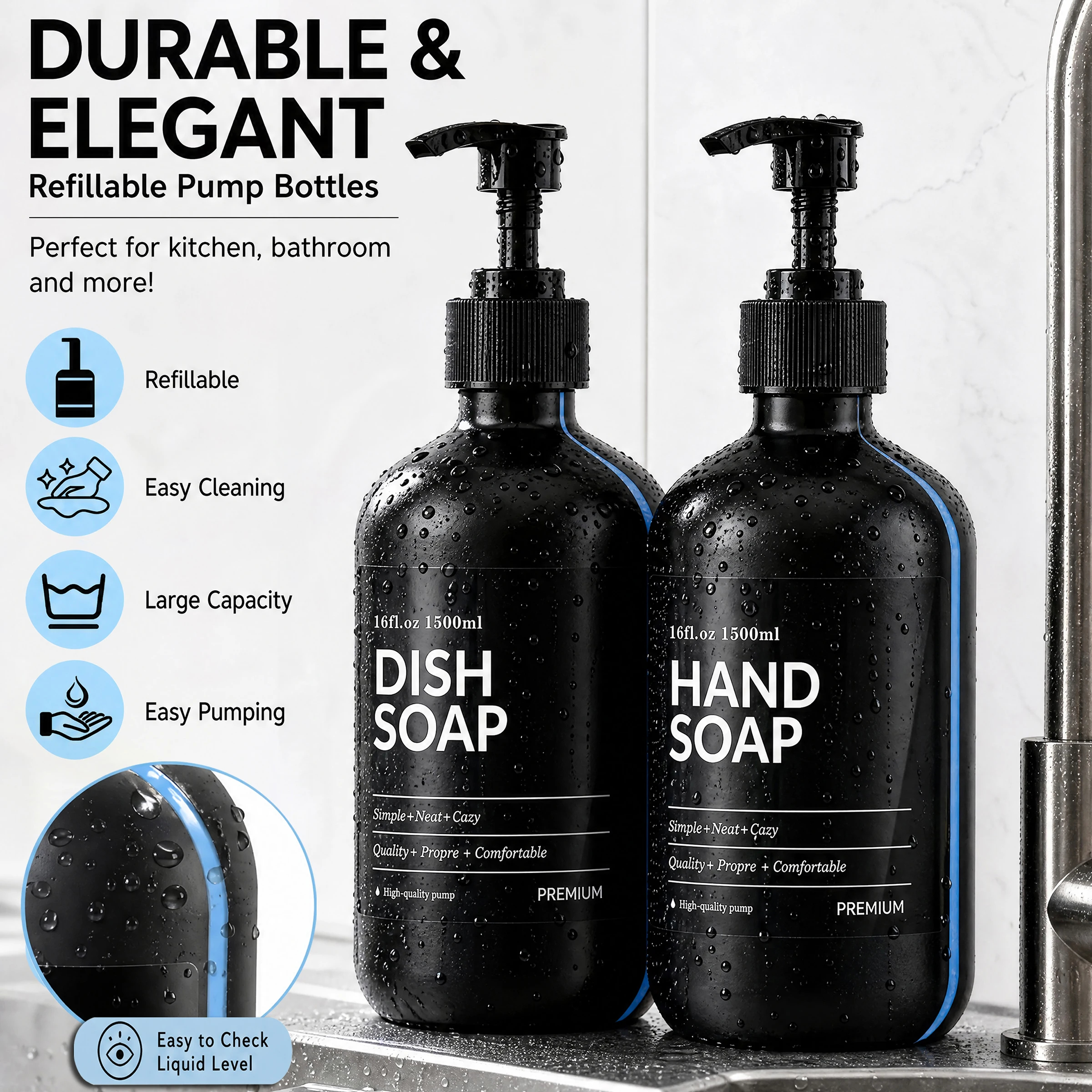 Kitchen Sink Dish and Hands Soap Dispenser with Visible Window - 2Pcs Reusable Liquid Soap Bottle, Perfect for Sink Clean Caddy