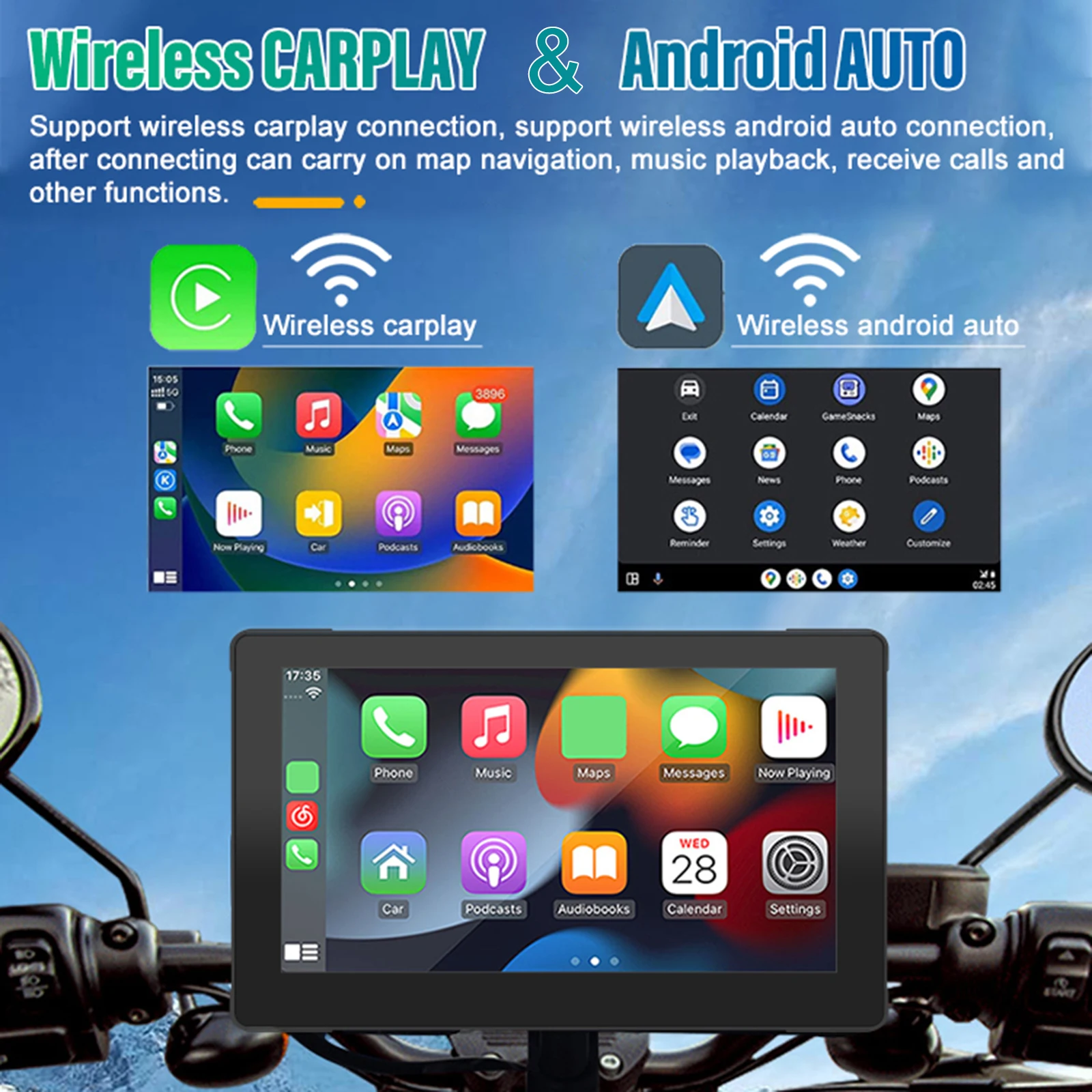 7 Inch Universal Touch Screen Motorcycle Navigator Motorcycle CarPlay Wireless Carplay Android Auto Bluetooth IPX7 Waterproof