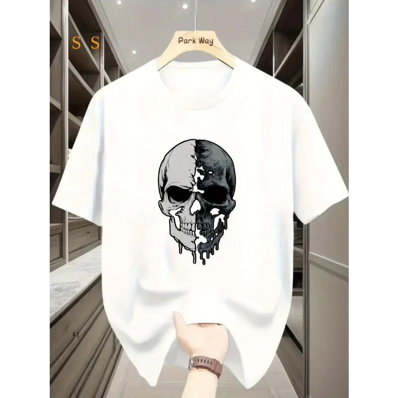 

Мужская черная повседневная футболка из чистого хлопка с рисунком черепа и короткими рукавами, летний топ с круглым вырезом и принтом черепа, повседневная одежда