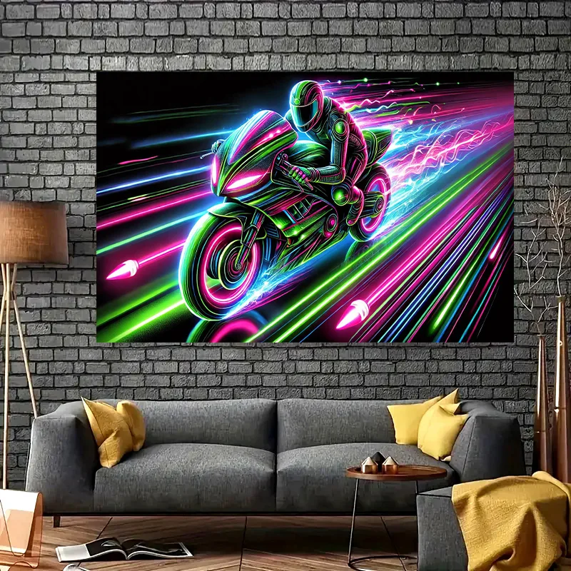 Neon Motorcycle Tapestry - Cyberpunk Rider with Speed Lines, Futuristic Racing Art, Glow in Dark Style Polyester, Multiple Sizes