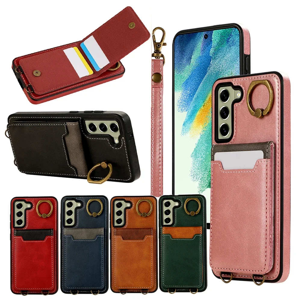 Wristband Leather Wallet Case For Samsung Galaxy S24 S23 S22 Ultra Plus A55 A54 A14 5G Ring Bracket Card Holder Phone Cover