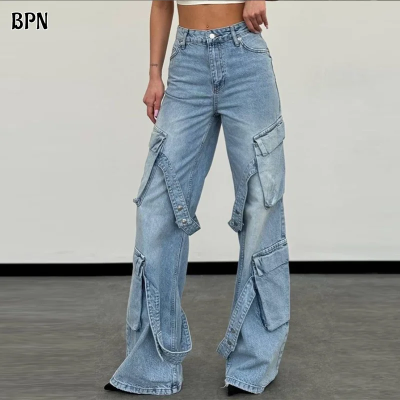 

BPN Streetwear Patchwork Pocket Cargo Jeans For Women High Waist Soild Casual Loose Wide Led Denim Pants Female Fashion Clothing
