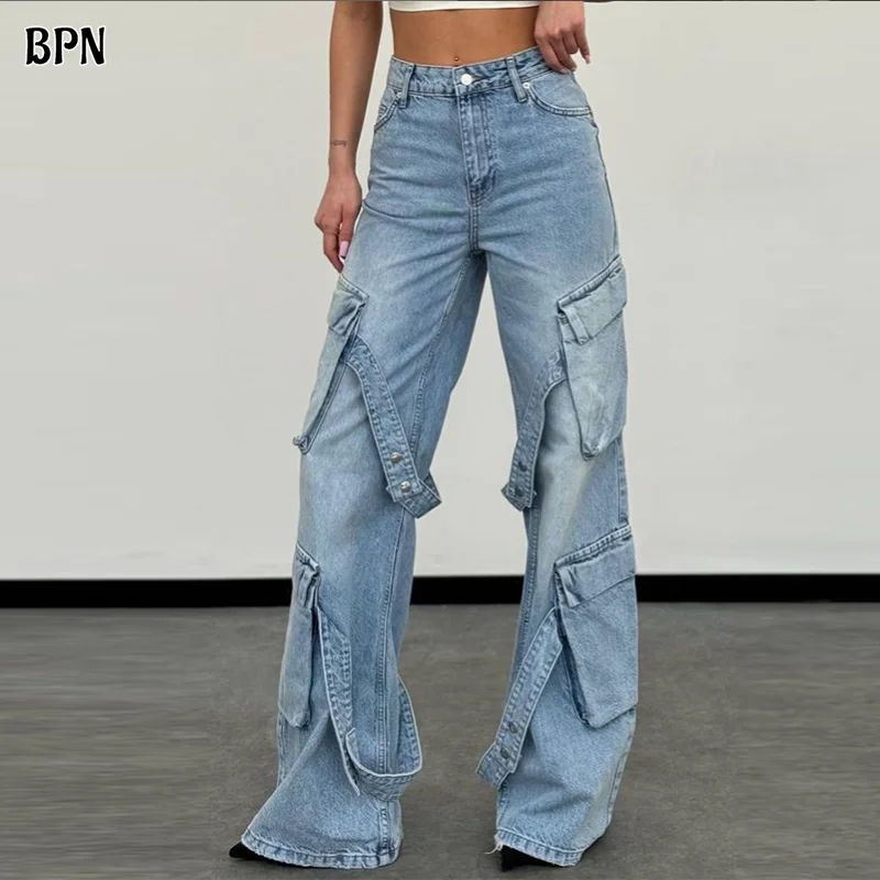 BPN Streetwear Patchwork Pocket Cargo Jeans For Women High Waist Soild Casual Loose Wide Led Denim Pants Female Fashion Clothing