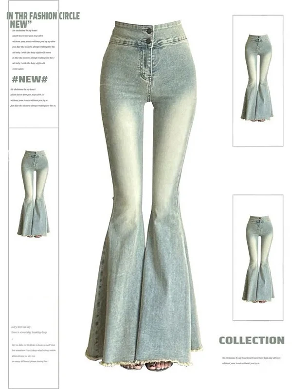 

Джинсы-клеш больших размеров в американском стиле для женщин: новая весенняя коллекция, модный дизайн, эффект потертости, высокая талия, джинсовые брюки для смелых девушек