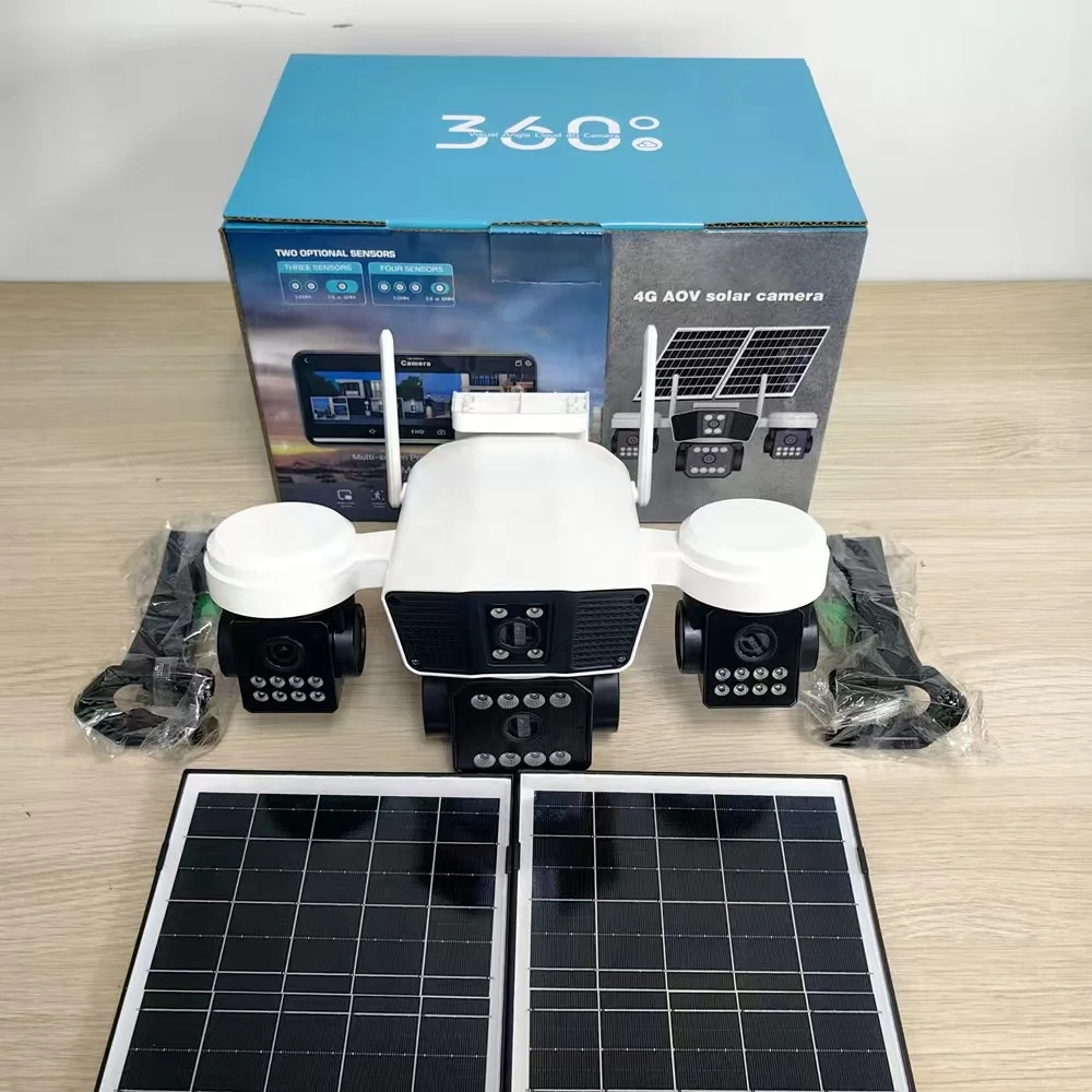 4G Solar 12MP CMOS HD 3-lens Wide-Angle Motion Detection Automatic Tracking PTZ Full-color Night Vision Two-way Audio Network
