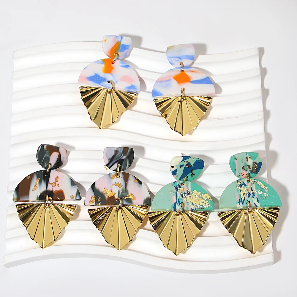 AENSOA-Brincos femininos com padrão abstrato, brincos de argila polimérica, folha dourada, joias triangulares, cobre, na moda, verão