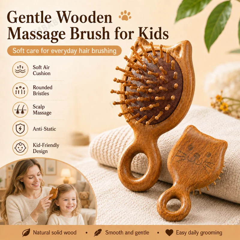 IMBABY Cute Cat Kid Wooden Hair Brush, Air Cushion Anti-Static Toddler Comb, Portable Small Wood Scalp Massager with Loop Handle