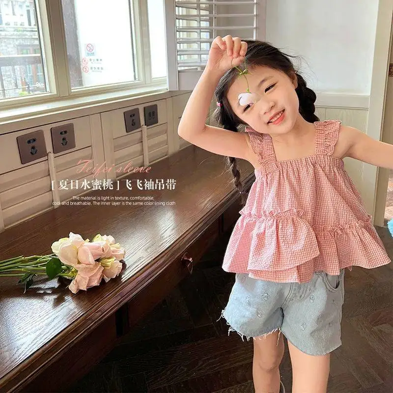 

Pure Cotton Girls Halter Shirt Flying Sleeve Plaid Medium-sized Children's Summer New Korean Version Sweet Doll Shirt Top
