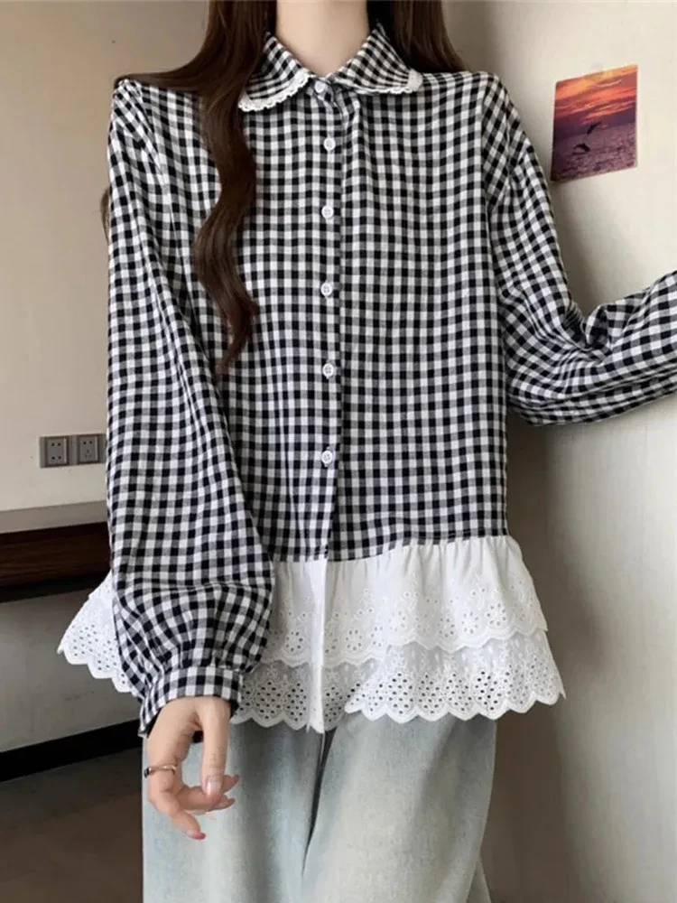 المرأة الحلو منقوشة قميص الفرنسية خمر نمط Preppy الدانتيل المرقعة بلوزة ريترو كم طويل سيدة لطيف بيتر بان طوق القمم #6