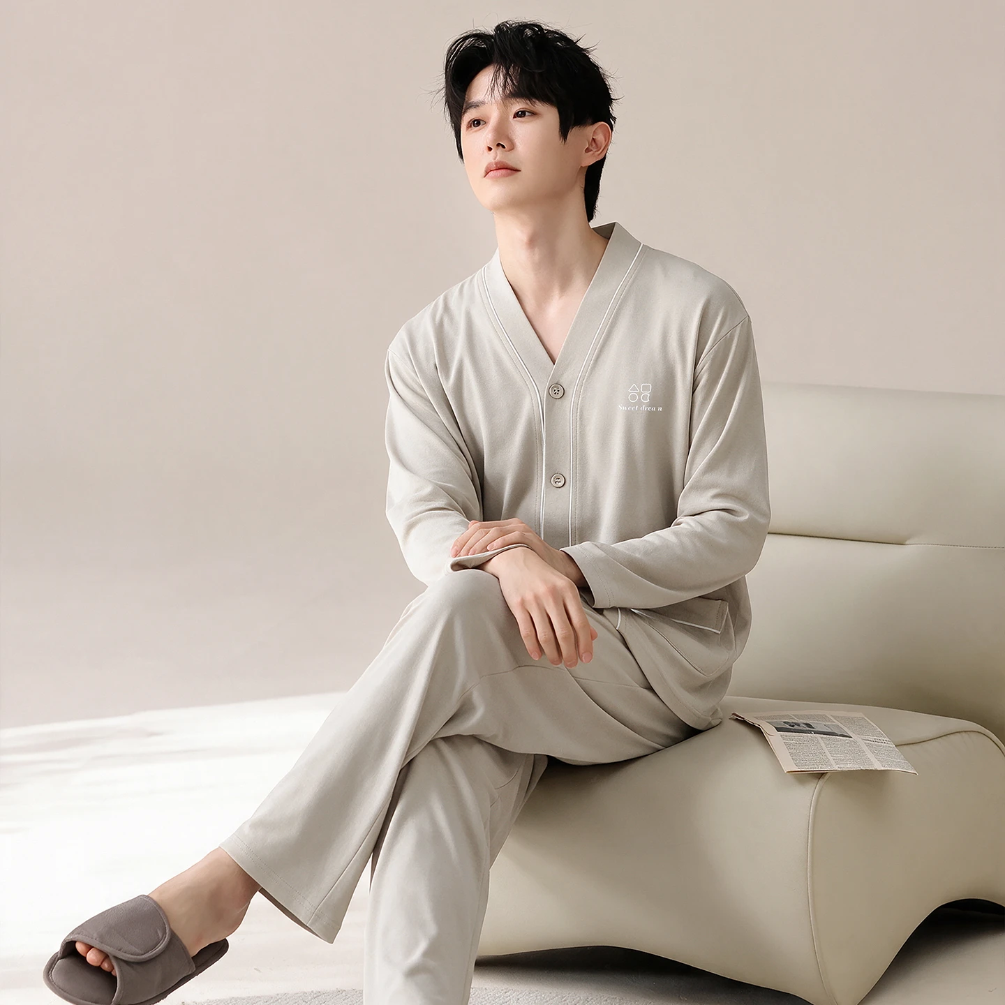 Big Size M-5XL Men Pajamas Set Knited Cotton Sleepwear Male Autumn Long Sleeve Casual Pyjamas