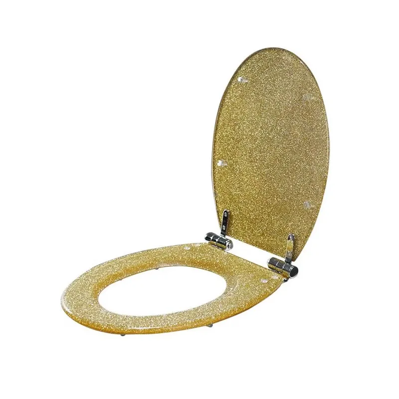 High-grade Beautiful Twinkling Golden Resin Toilet Seat Cover Slow Down Stainless Steel Hinge U/V/O Universal Toilet Cover