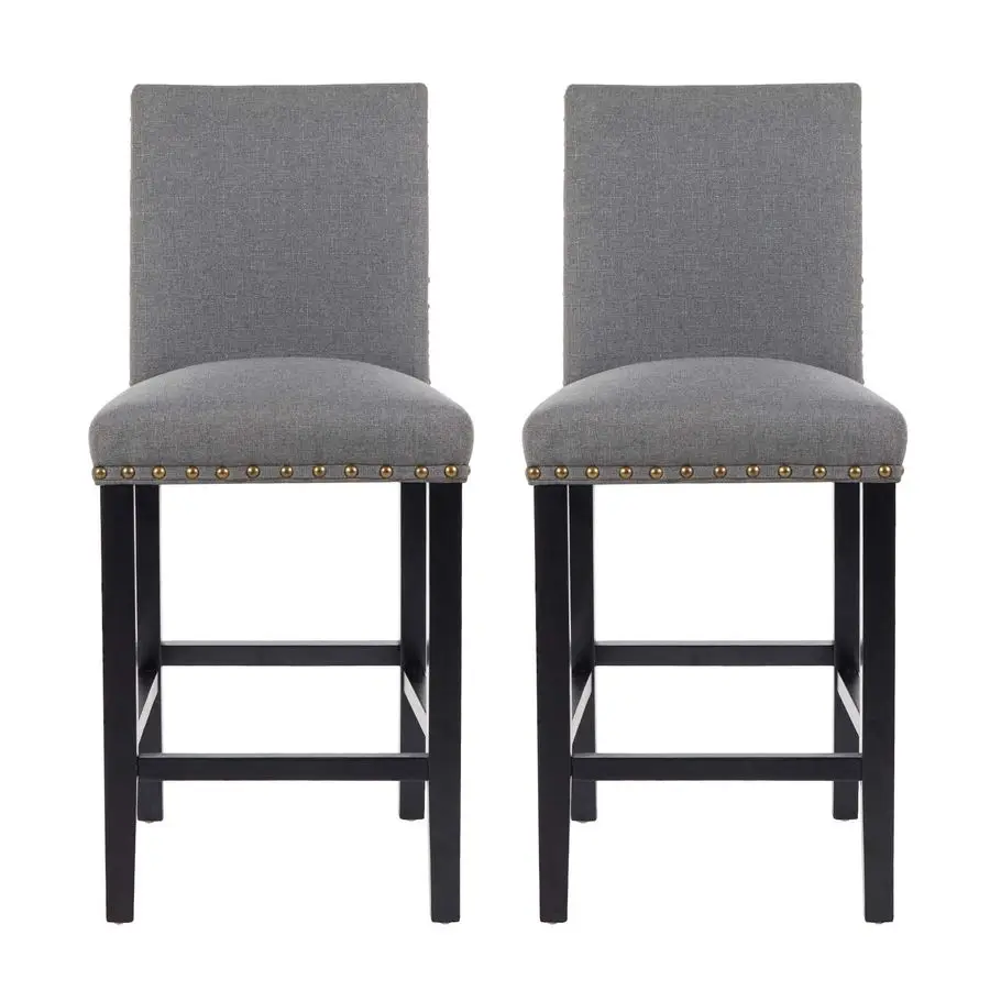 

Комплект из 2 барных стульев с декоративными гвоздями, 24 дюйма, мягкие подушки, ножки из массива дерева, серый цвет