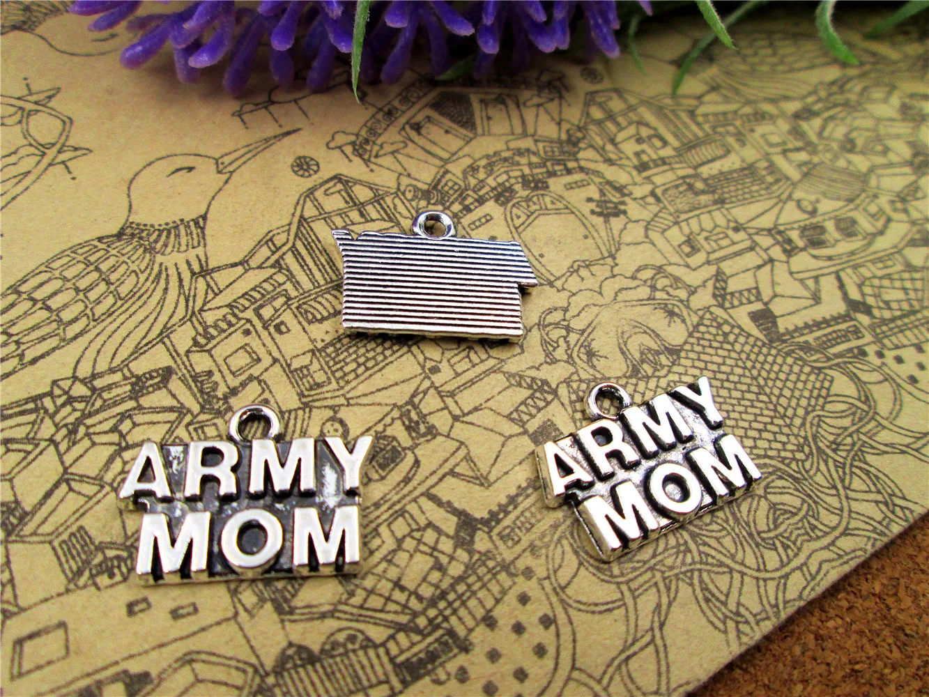 

60pcs--12*17mm ARMY MOM One Side Charms For Jewelry Making DIY Findings Antique Silver Color Alloy Pendants