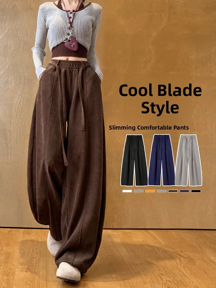 

Khaki High Waist Wide Leg Workwear Pants Women's Autumn Winter Loose Casual Fleece Sporty Style Trousers for Ladies