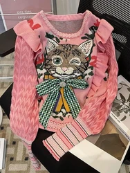 Hikigawa Chic Fashion Cat Embroidery Ruffled Beaded Patchwork Women Sweaters Vintage Jacquard Pullovers Short Tops Mujer