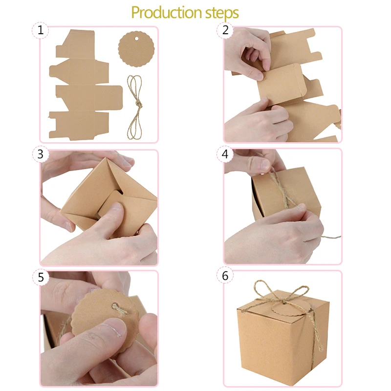 Brown White Gift Boxes 10PCS Kraft Paper Cube Boxes with Tag for Gifts Crafting Cube Boxes Easy Assemble Boxes for Party Favor images - 6