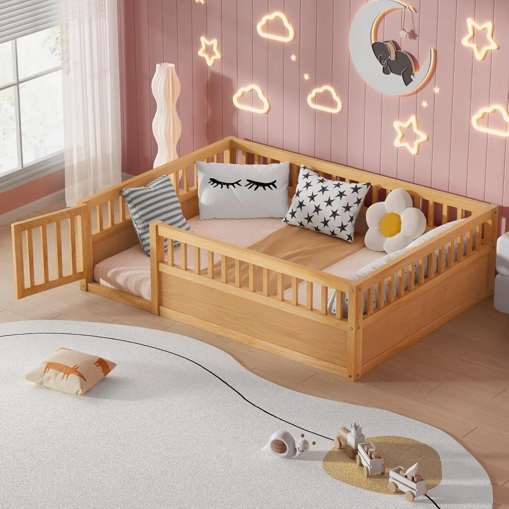 

Полноразмерный напольный каркас кровати с раскладывающимися дверцами и защитными перилами для спальни девочек и мальчиков, кровать Монтессори/дизайн безопасности раннего земли