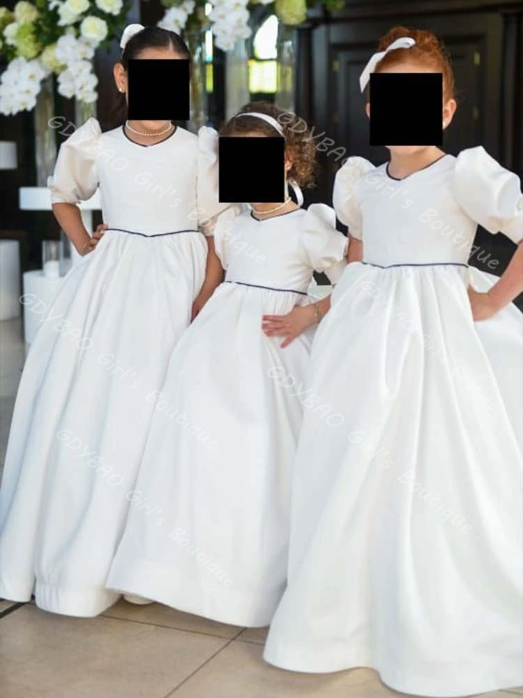 Sukienka na Pierwszą Komunię Świętą dla Dzieci w Stylu Vintage, Sukienka Ślubna dla Druhny z Wysokim Stanem i Bufiastymi Rękawami, Sukienka Balowa na Urodziny z Kokardą, Szyta na Miarę